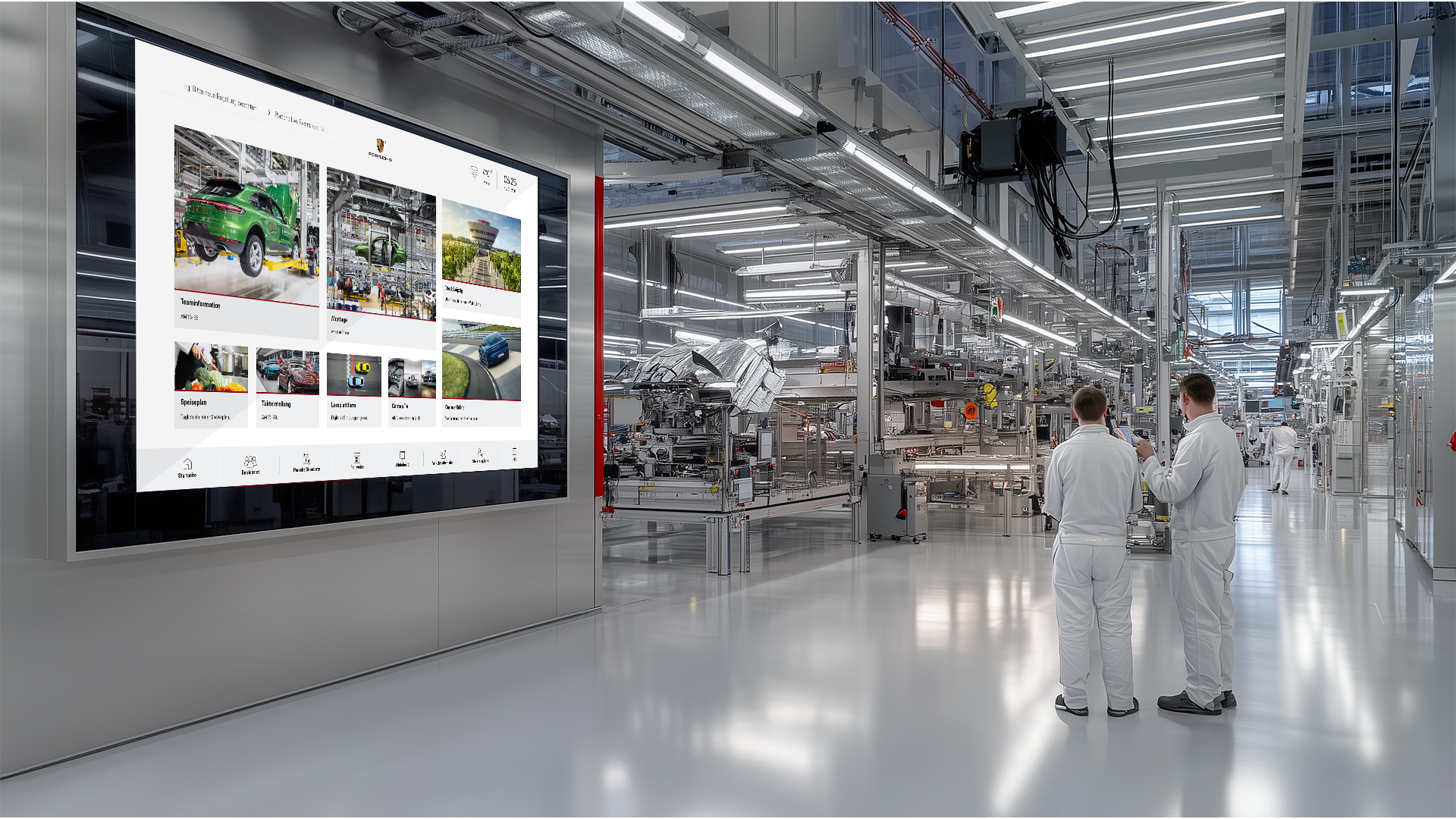Zwei Männer stehen in Produktionshalle vor großer, digitaler Teamtafel – B12-Touch Shopfloor-Management