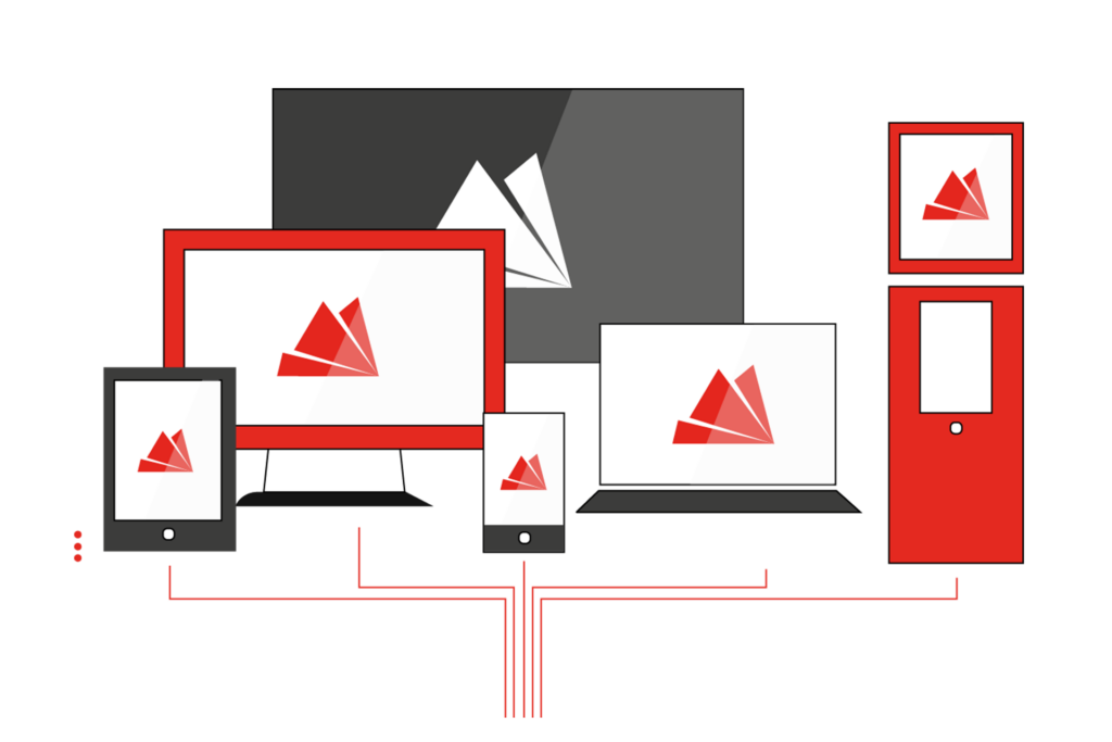 Illustration zeigt verschieden Geräte mit B12 Headless CMS: Bildschirme, Tablet, Smartphone, Stele, Laptop