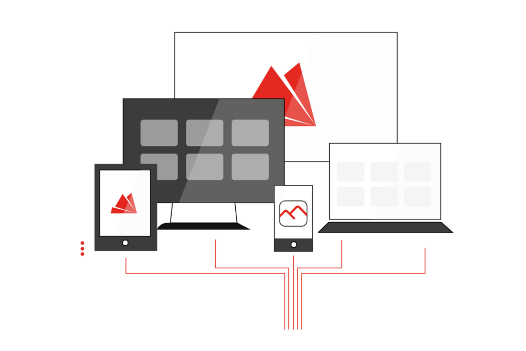 Illustration zeigt verschiedene Geräte: Bildschirm, Laptop, Tablet, Smartphone – Monitoring mit dem B12 Headless CMS
