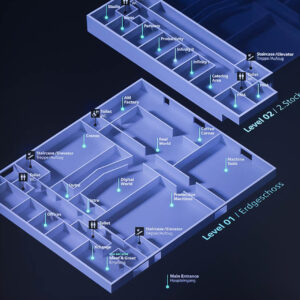 Dreidimensionaler Grundriss des Experience Centers auf dunklem Hintergrund, mit farblich hervorgehobenen Bereichen wie „Digital World“, „Production Machines“ und „Ideas“. Alle Räume sind beschriftet, Aufzüge und Treppenhäuser sind eingezeichnet.