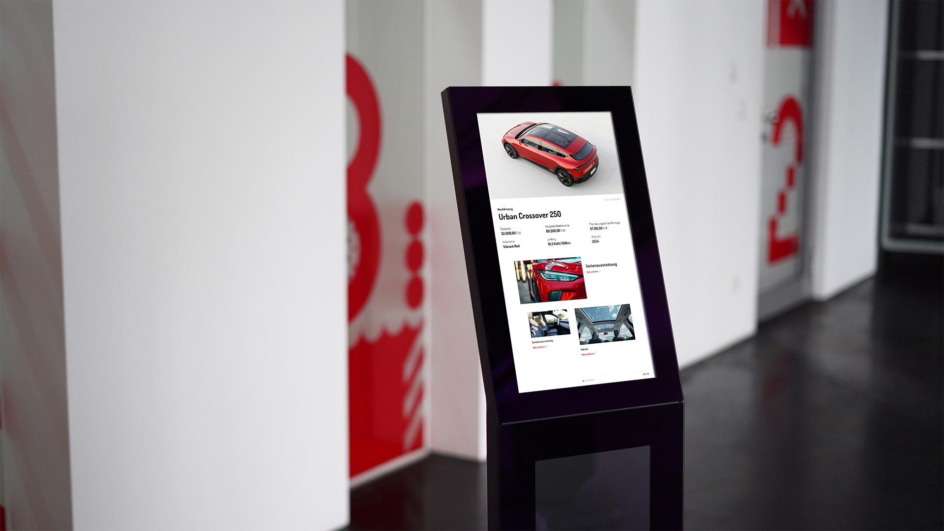 Der Bildschirm des Produktbeistellers zeigt ein rotes Auto und weitere Fahrzeugdaten – Vertriebspräsentationen mit B12-Touch
