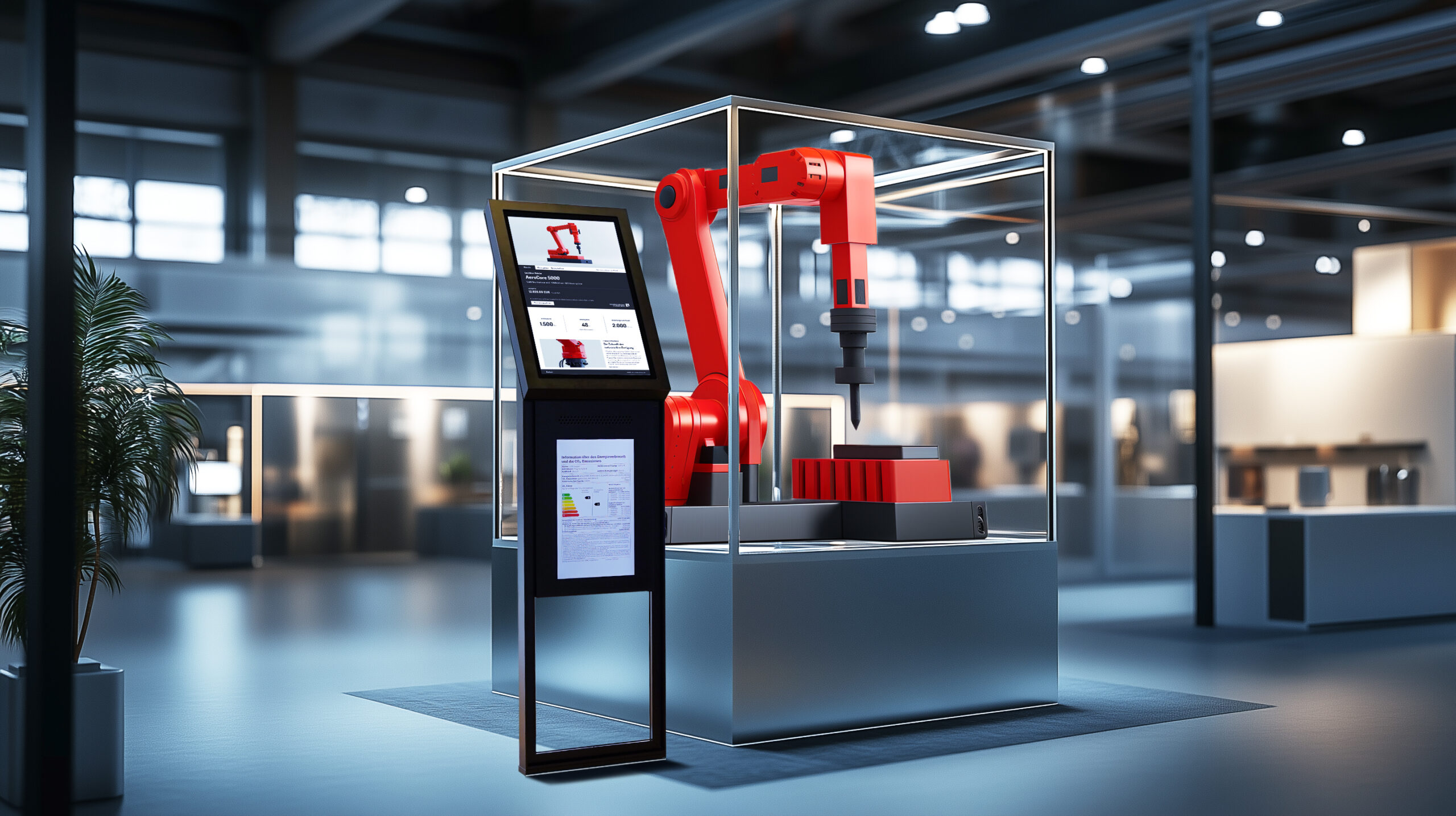 Display mit Informationen des Messeexponats, welches daneben steht – B12-Touch Vertriebsdigitalisierung