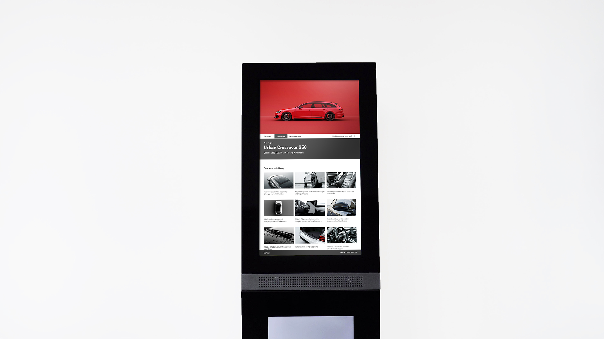 B12-Touch Produktbeisteller: Der Bildschirm zeigt ein rotes Auto und weitere Fahrzeugdaten – B12 Vertriebspräsentationen