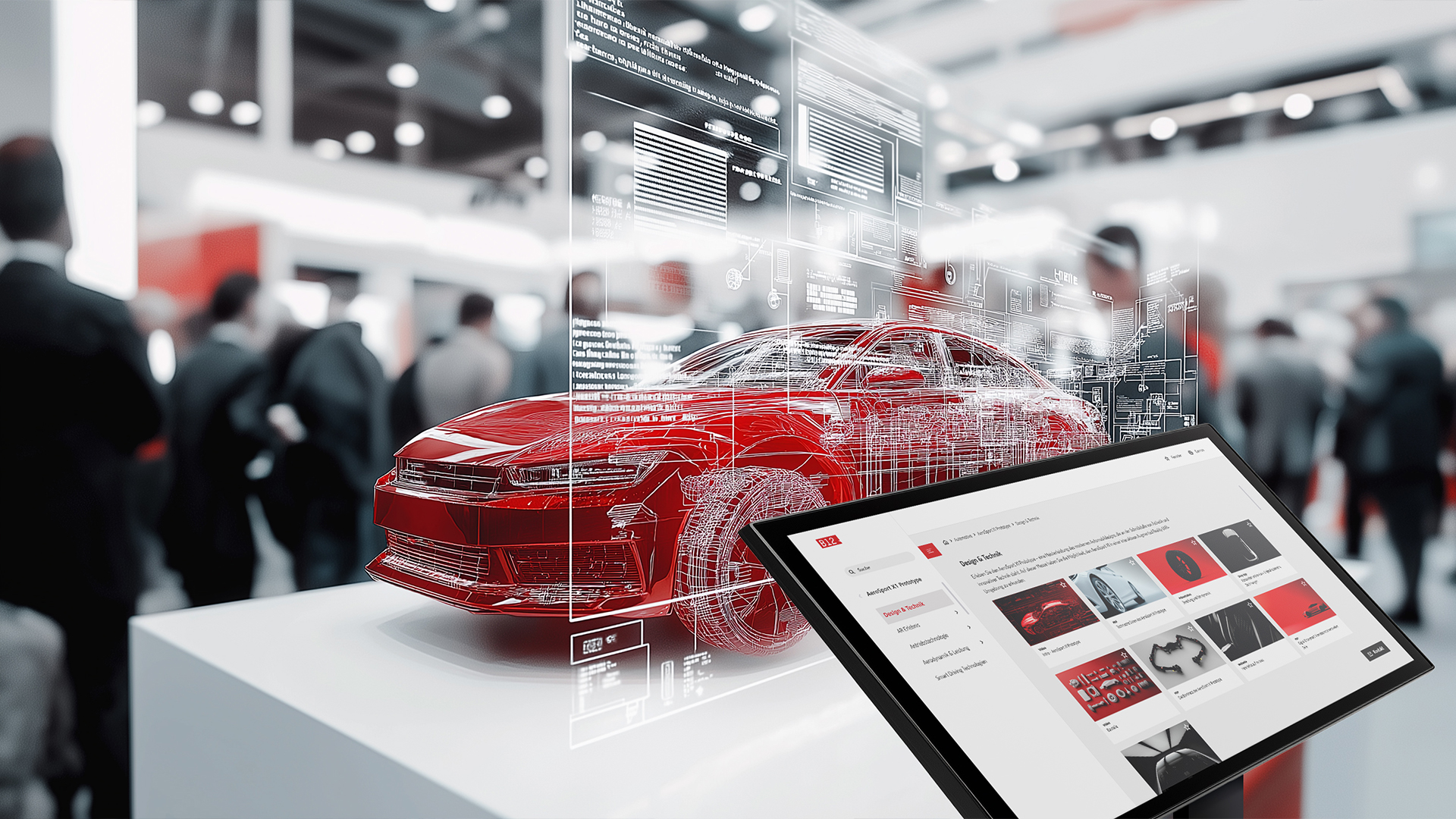 Rotes Modellauto auf einer Messe, daneben ein Bildschirm mit Daten, B12-Touch digitaler Vertrieb