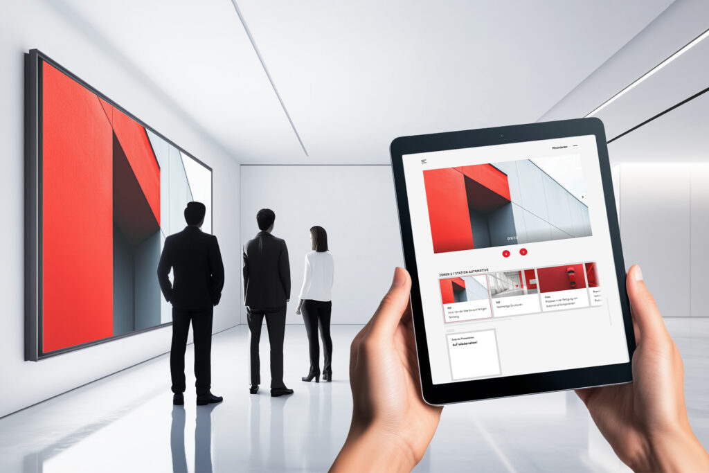 Hand holds tablet and scans the background: Three people stand in front of a screen - central data management Sales
