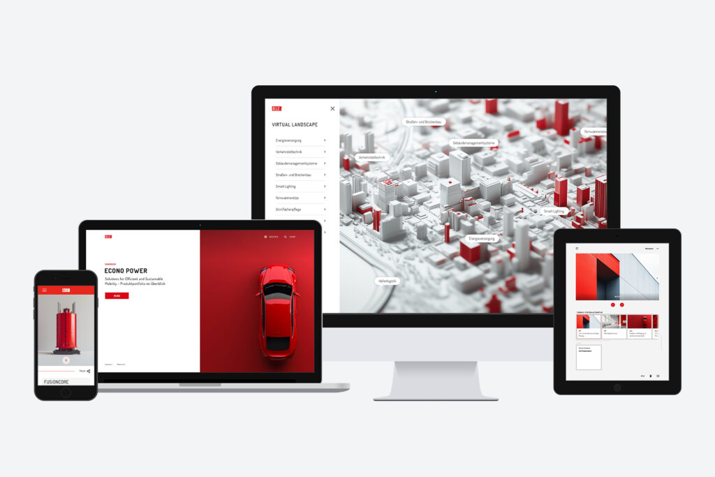 Smartphone, laptop, screen and tablet with B12-Touch web applications open - digital distribution