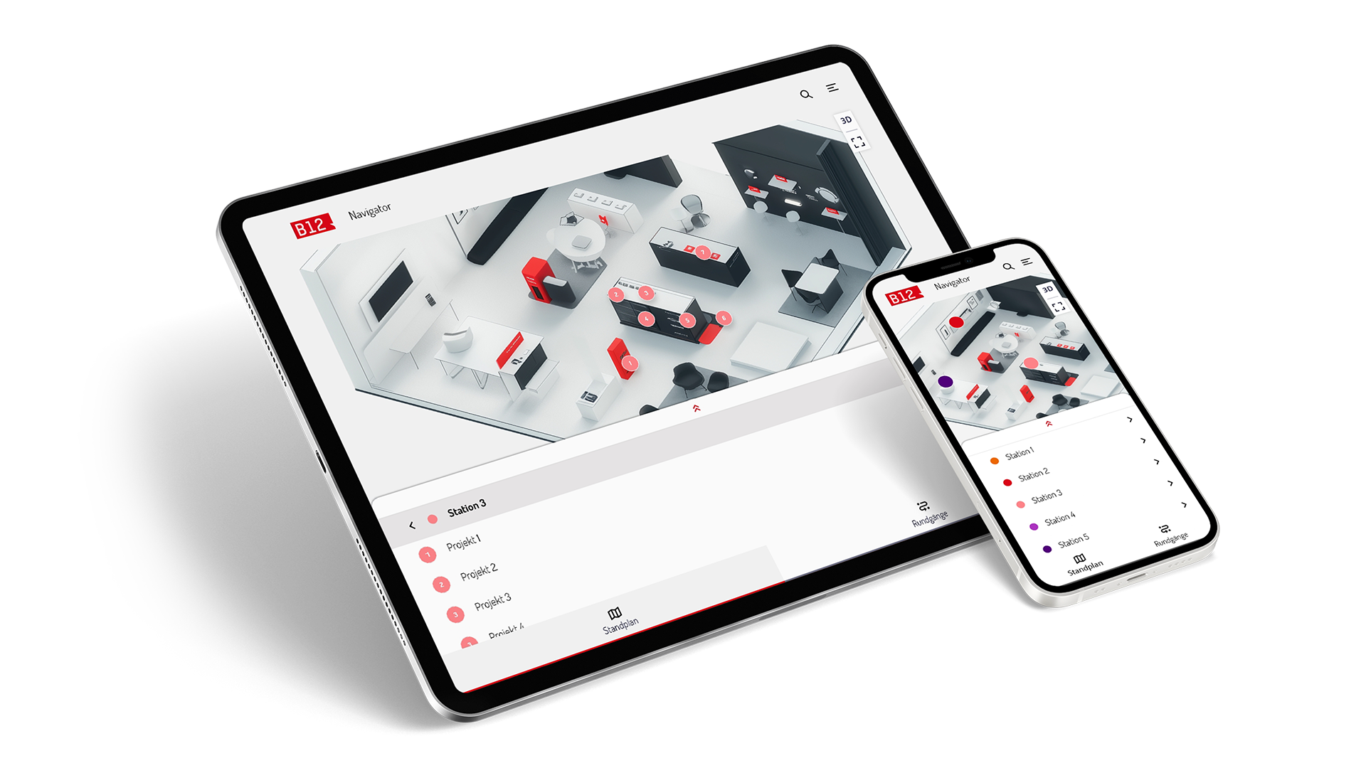 Tablet und Monitor zeigen Raum in 3D mit verschiedenen Möbeln und Bearbeitungsoptionen – B12 Headless CMS Vertrieb
