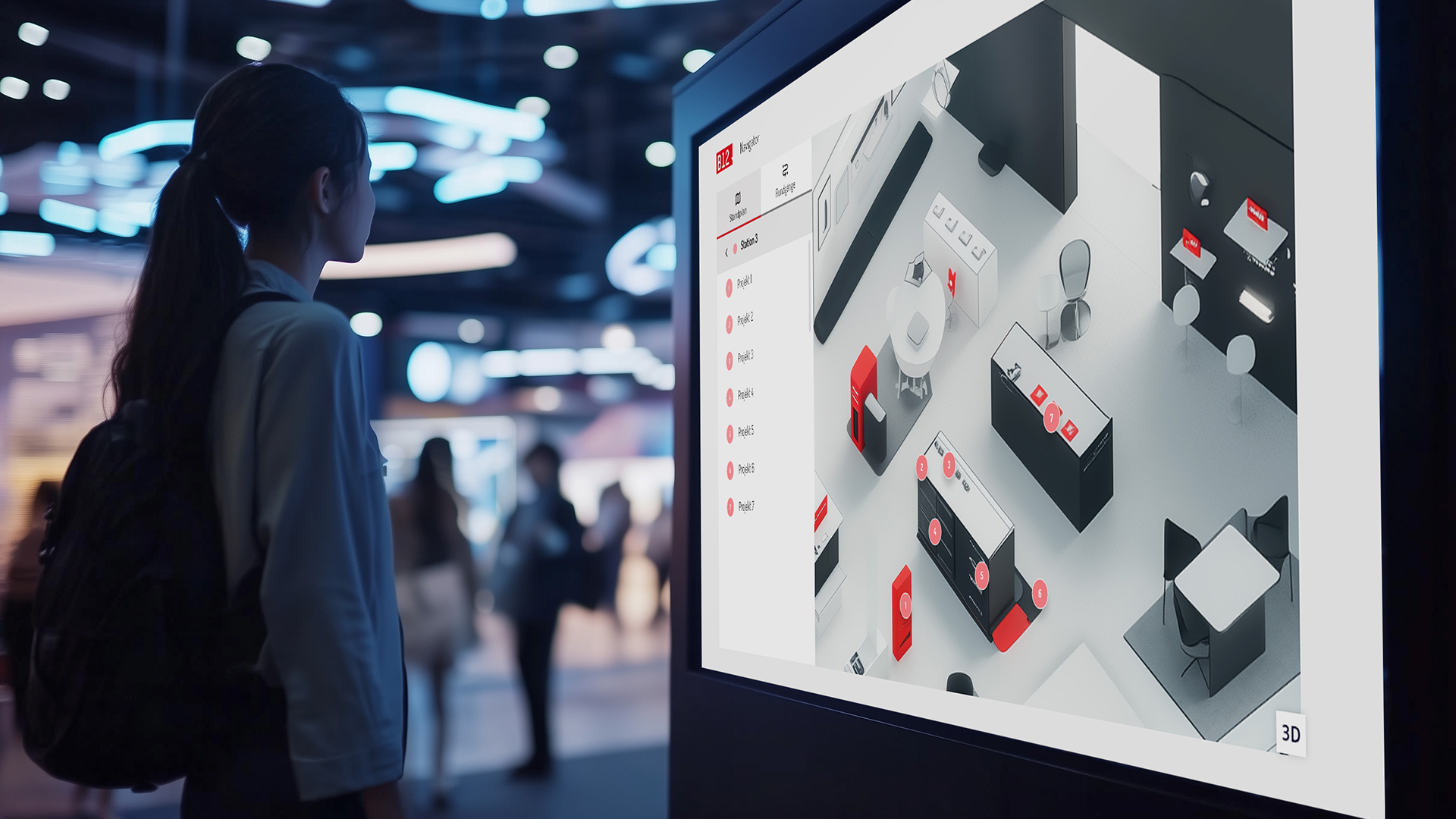 Frau steht auf Messe vor Bildschirm, der einen Raum in 3D zeigt – digitaler Vertrieb