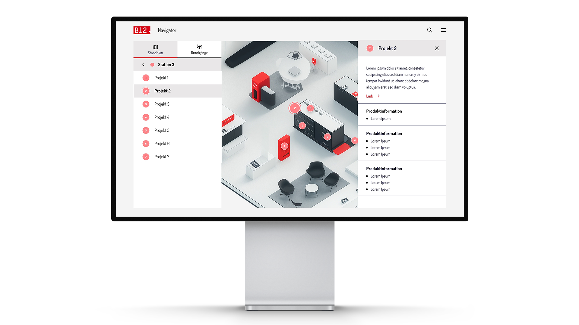 Monitor zeigt Raum in 3D mit verschiedenen Möbeln und Bearbeitungsoptionen – B12 Headless CMS Vertrieb