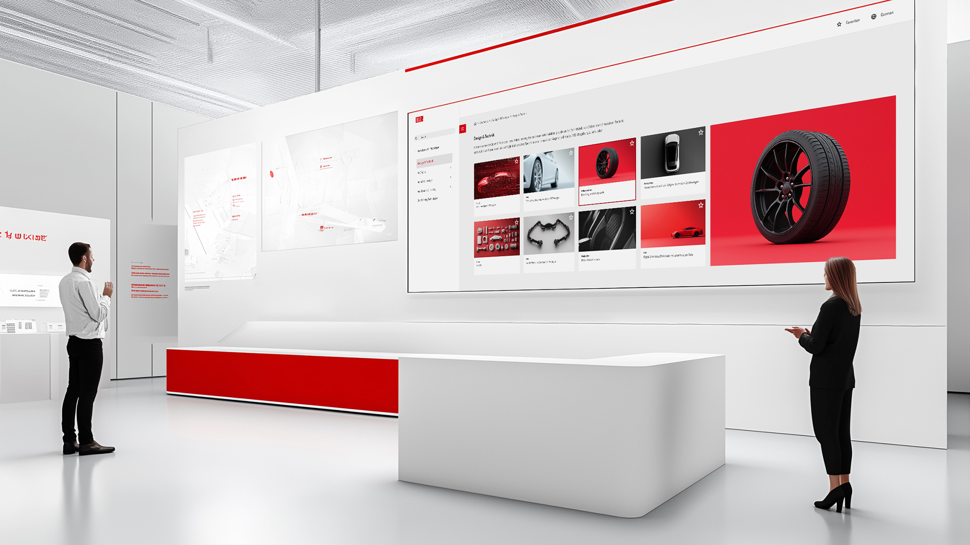 Zwei Menschen in einem Ausstellungsraum unterhalten sich über projizierte Webapplikation von B12-Touch