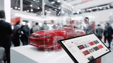 Red model car at a trade fair, next to it a screen with data, B12-Touch digital distribution