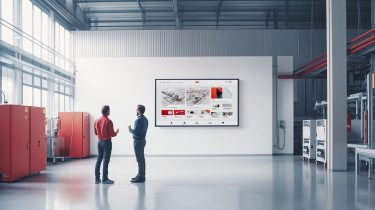 Two men are standing in a hall. An information board hangs in the background - digital store floor management