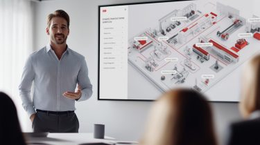 Man stands in front of a screen and gives a presentation with the B12-Touch Digital Sales solutions